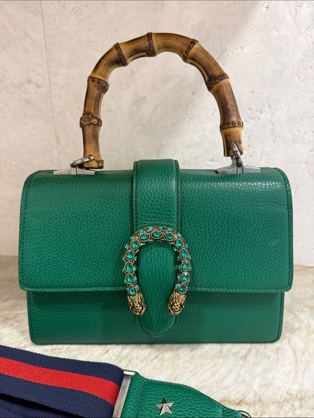 Emerald Green Leather Top-Handle Bag with Bamboo Handle